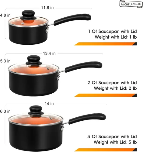 Miniatura 6 de MICHELANGELO Cacerola antiadherente con tapa de 1QT, 2QT y 3QT, juego de cacerolas de cerámica, cacerolas de cobre, cacerola no tóxica, juego