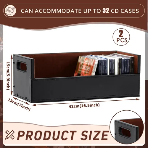 Miniatura 2 de CroBlissful Juego de 2 cajas de almacenamiento de CD de cuero, estante organizador para fundas de películas, soporte de exhibición de cinta