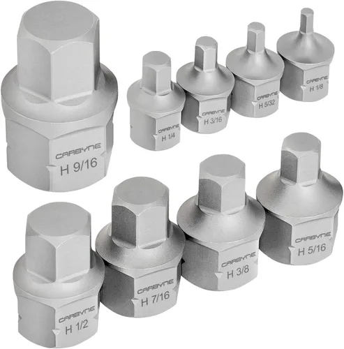 Miniatura 7 de CARBYNE Juego de 9 piezas de dados hexagonales de perfil bajo SAE S2 de acero súper corto Allen con doble unidad interna cuadrada y hexagonal