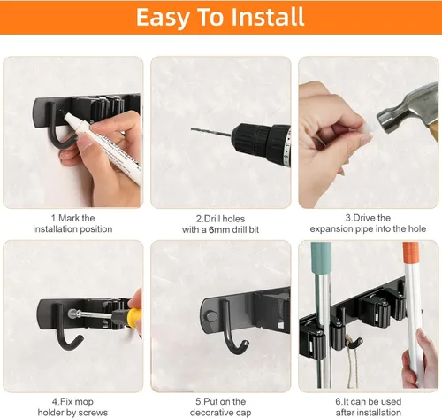 Miniatura 4 de CUXIXA Soporte de Pared para Trapeador y Escoba para Montaje en Pared, Organizador de Escoba Mejorado para Montaje en Pared, Colgador de Escoba