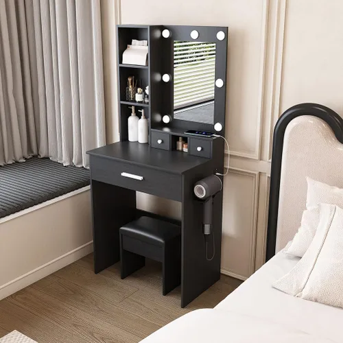 Pequeño juego de tocador de maquillaje con espejo, tocador de maquillaje compacto con luces LED ajustables y toma de corriente, para dormitorios