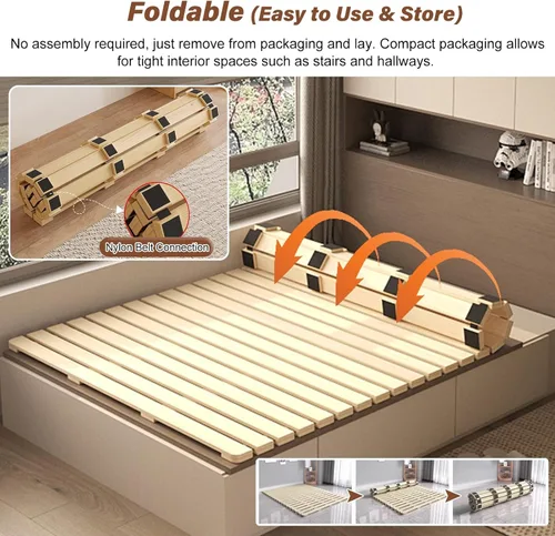 Miniatura 4 de Bunkie de madera para cama Queen King, Matrimonial, Individual, Cama Antigua – Soporte de Colchón Rollo Plegable Base de Madera para Cama