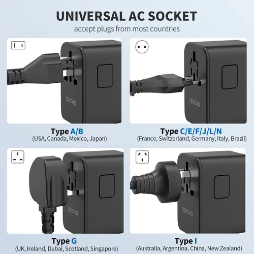Miniatura 5 de EPICKA Adaptador de viaje universal, adaptador de enchufe internacional GaN con 3 USB-C de carga rápida PD de 70W y 2 USB-A todo en uno cargador