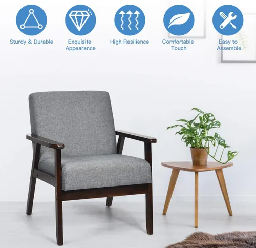 Miniatura 4 de Giantex Juego de 2 sillas decorativas modernas de mediados de siglo, sillón de tela retro, hecho de madera maciza, sillón tapizado de lino para sala