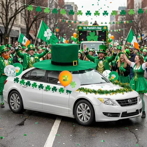 Miniatura 5 de Kit de decoración de coche de desfile del día de San Patricio, decoración de flotador de carrito de golf irlandés, sombrero gigante de San Patricio