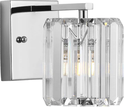 JONATHAN Y Lámpara de pared LED de 4.75 pulgadas cromada con pantalla de prisma de cristal transparente, lámpara de pared cableada para espejo de