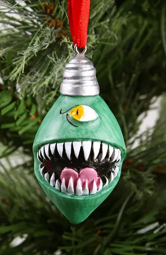 Miniatura 8 de Forged Dice Co. Monstrous Merrymakers - Juego de 3 adornos de resina y pintados a mano con sombrero de Papá Noel, bombilla de árbol de Navidad