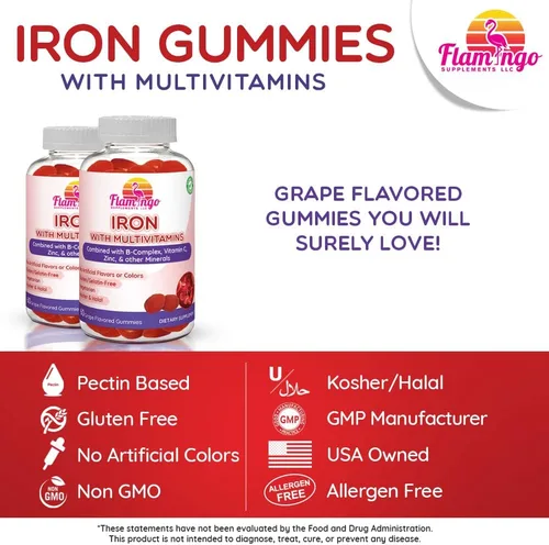 Miniatura 5 de Gomitas de hierro: nueva fórmula de 20 mg de hierro por porción más vitamina C, zinc, complejo B. Gomitas de hierro para mujeres y hombres.