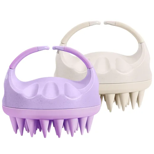 HEETA Cepillo masajeador para el crecimiento del cabello con cerdas de silicona suaves, mango de paja de trigo, 2 unidades (beige y morado, redondo,