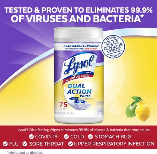 Miniatura 3 de Lysol Toallitas desinfectantes de doble acción, toallitas antibacterianas multisuperficie, para desinfectar y limpiar, aroma cítrico, 75