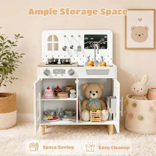 Miniatura 6 de Arlopu Juego de cocina de madera para niños con pizarra, luces y sonidos realistas, cocina interactiva con estufa, dispensador de agua, 6 utensilios
