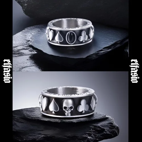Miniatura 19 de Anillos de calavera gótica vintage para hombres y mujeres, acero inoxidable, ónix negro, anillo de póquer, anillo de esqueleto plateado