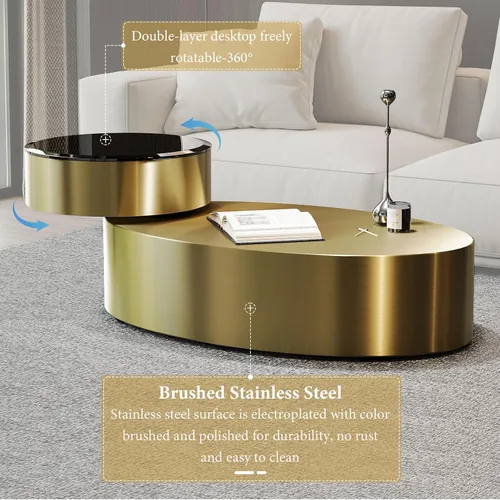 Miniatura 5 de Mesa auxiliar giratoria ovalada dorada, mesa central de lujo moderna de 2 niveles con parte superior redonda giratoria de 360°, mesa de té con base