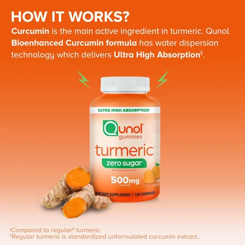 Miniatura 5 de Qunol Gomitas de cúrcuma sin azúcar, gomitas con 500 mg de curcumina de cúrcuma, suplemento de apoyo articular, curcumina tumérica de ultra alta
