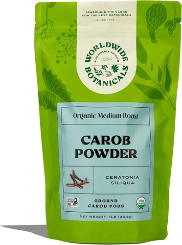 Worldwide Botanicals Polvo de algarrobo orgánico, tostado medio, 1 libra, alternativa de cacao sin cafeína, súper alimento bajo en grasa con dulzura