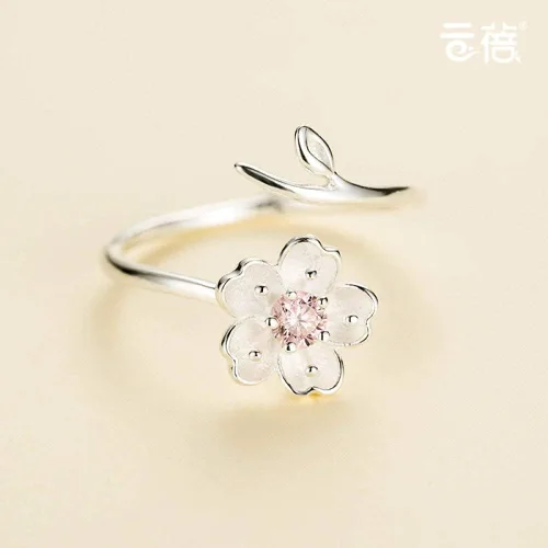 Miniatura 3 de Aretes para mujer, anillo ajustable de plata de ley S925, diseño moderno de flor de cerezo rosa, circonita cúbica, a la moda, ajustable