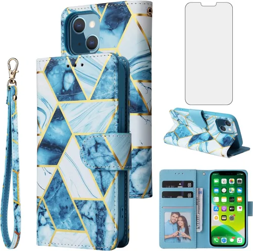 Asuwish Funda compatible con iPhone 13 de 6.1 pulgadas y protector de pantalla de vidrio templado, tarjetero de cuero con función atril para iPhone