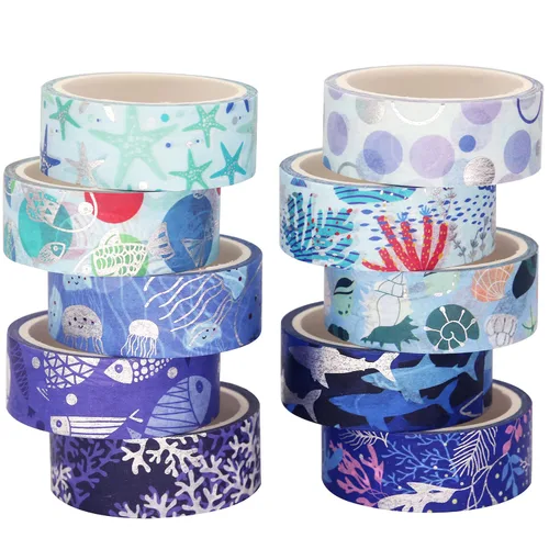 Juego de 10 rollos de cinta washi azul océano, con impresión de lámina plateada, cintas de enmascarar decorativas para artes, manualidades DIY,