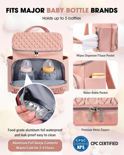 Miniatura 4 de Mochila para pañales, bolsa de bebé grande para niñas y niños, mochila de pañales de viaje con bolsillo aislado, bonita bolsa de pañales con correas