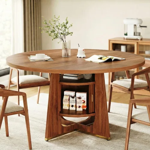 Miniatura 10 de IRONCK Mesa de comedor redonda de 47 pulgadas para 4-6 personas con armario de almacenamiento integrado, mesa de cocina moderna de mediados de siglo
