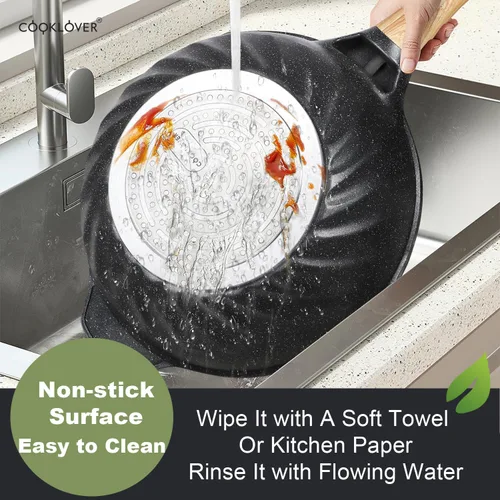 Miniatura 7 de Woks y sartenes antiadherentes de aluminio fundido a presión resistentes a los arañazos 100% libres de PFOA con tapa de 31.9 cm - Negro