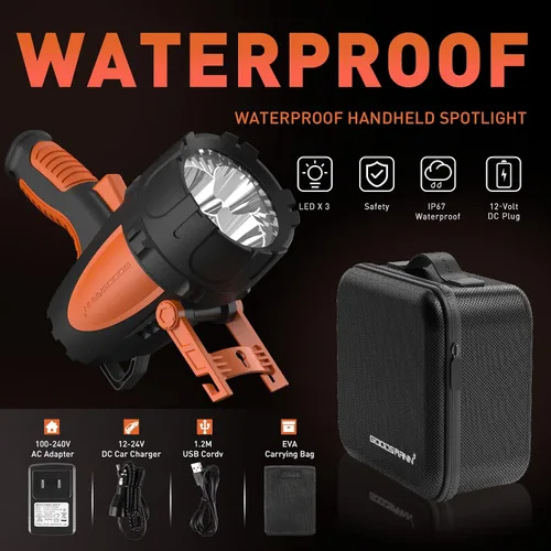 Miniatura 7 de GOODSMANN Foco recargable IP67 impermeable focos marinos hasta 4500 lúmenes luz de mano LED reflector con estuche de transporte de almacenamiento