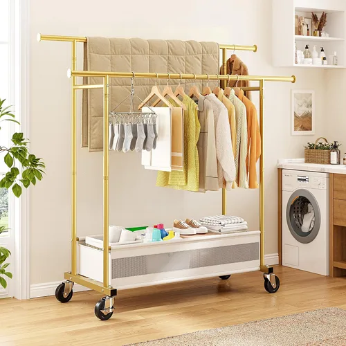 Miniatura 9 de Perchero de ropa para colgar ropa, perchero portátil con ruedas, perchero de ropa de doble barra con cesta de almacenamiento, perchero