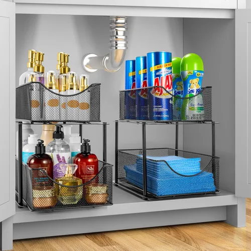 Miniatura 2 de Sorbus Organizador de metal para debajo del fregadero de 2 niveles para baño, cocina, cajones deslizantes de malla de acero fuerte para debajo