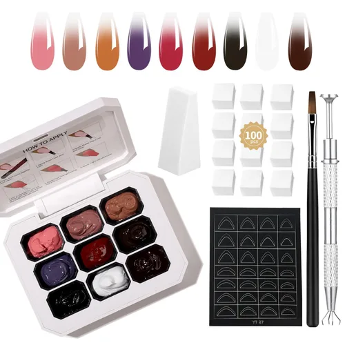 Miniatura 35 de Finger Secret - Juego de 9 colores de esmalte de uñas de gel Ombre Pat, paleta de esmaltes de gel con 20 esponjas de uñas para arte de uñas de gel
