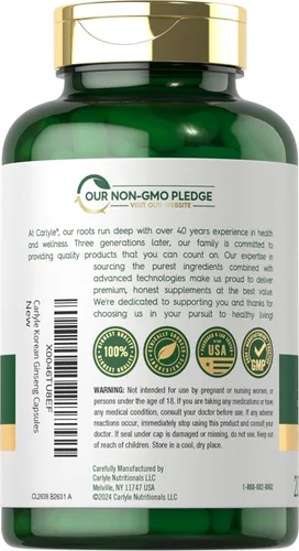 Miniatura 3 de Carlyle Cápsulas de ginseng coreano 2000 mg 200 unidades Suplemento de extracto de Panax estandarizado Fórmula sin OMG y sin gluten