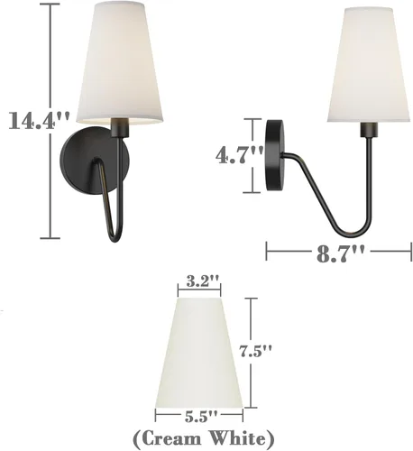 Miniatura 5 de Electro bp; Lámpara de pared clásica de 1 sola cabeza, color negro con pantalla de tela de lino blanco crema E12 40W cableada (juego de 2); Sombra