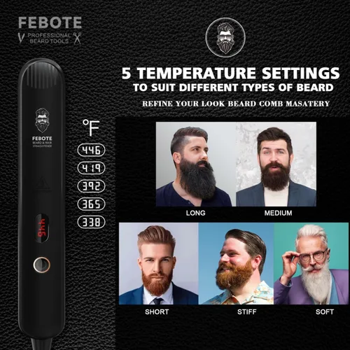 Miniatura 4 de Alisador de barba de lujo para hombres, cepillo iónico de barba calentado con LCD, 5 ajustes de temperatura, antiquemaduras, kit de alisador de pelo
