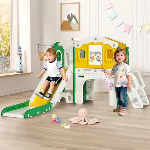 Miniatura 8 de BIERUM Juego de tobogán 10 en 1 para niños pequeños - Tobogán para bebés de 1 a 3 años con luces coloridas, pizarra para dibujar y tablero