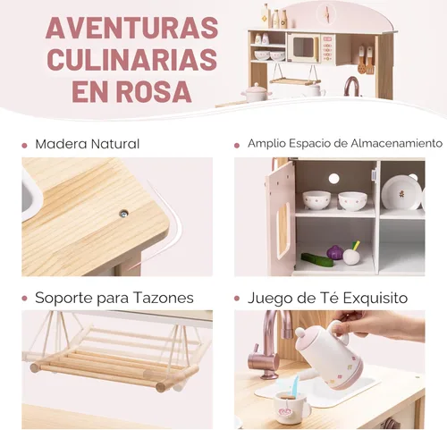 Miniatura 3 de ROBOTIME Juego de cocina de madera, juego de cocina de juego de simulación para niños con diseño realista, juego de cocina para niños y niños Rosa