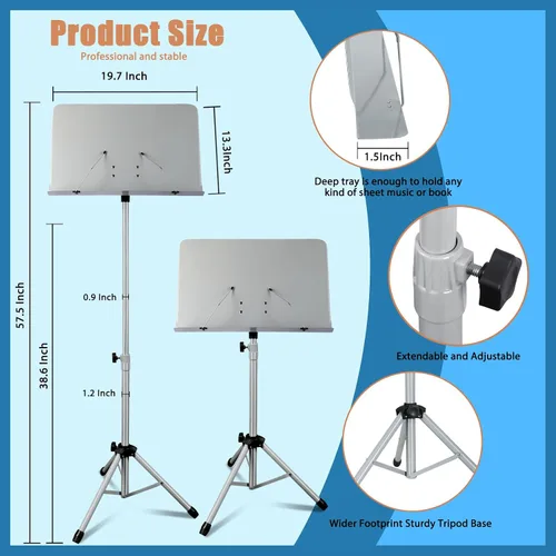 Miniatura 2 de EASTROCK Soporte de partituras de metal, soporte de música ajustable con soporte para teléfono móvil, soporte profesional para libros de música