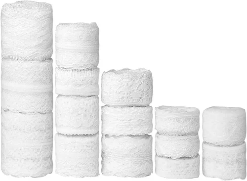 FEPITO 15 rollos de cinta de encaje blanco de 55.5 yardas, patrones surtidos, cintas de encaje vintage color crema para costura, bricolaje y