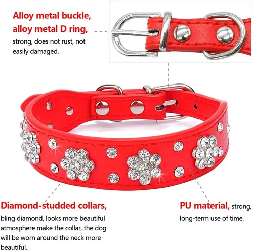 Miniatura 2 de Serijoars Collar para perro y gato con diamantes de imitación - Collar brillante de cuero PU ajustable, tallas XS, S, M (XS, negro)
