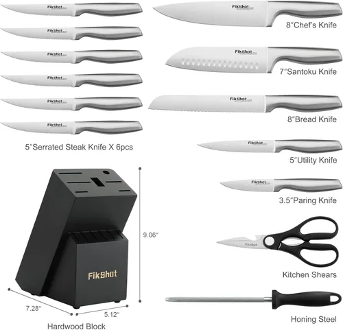 Miniatura 5 de Juego de Cuchillos de Cocina, FIKSHOT Juego de Cuchillos de Acero Inoxidable Premium con Bloque, Cuchillo Santoku Súper Afilado y Cuchillos