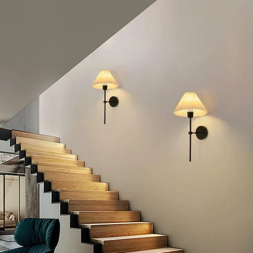 Miniatura 5 de Juegos de 2 apliques de pared, pantalla de lámpara de tela plisada blanca, lámpara de pared negra mate, iluminación de pared con soporte de columna