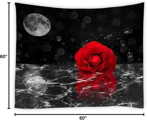 Miniatura 3 de AMFD Tapiz de rosas rojas, flores bajo la luna, cielo estrellado negro, reflejo en flor de agua, floral, romántico, decoración del hogar, arte