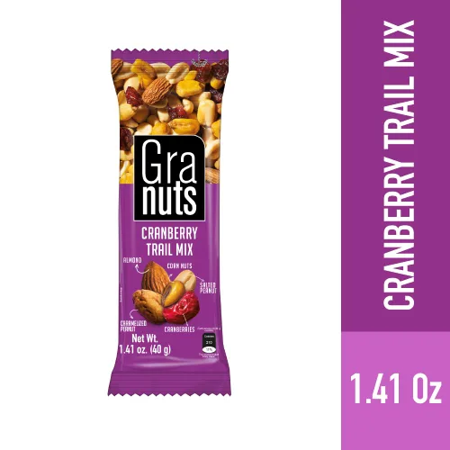 Miniatura 4 de Granuts Cranberry Trail Mix Cacahuetes caramelizados Nueces de maíz crujientes + almendras Arándanos suaves Sabores salados + dulces Snack