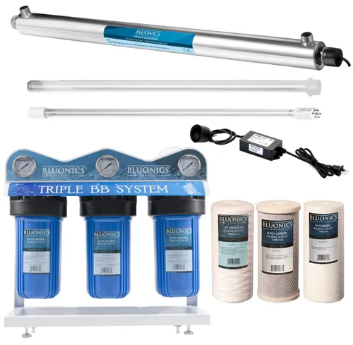 Sistema de Purificador de Filtro de Agua UV de 55W con Luz Ultravioleta, Filtro de Sedimentos y Carbón para Agua de Pozo con Puertos de 3/4", 12 GPM