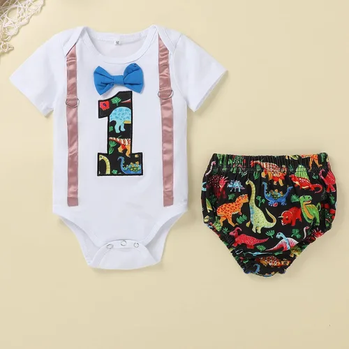 Miniatura 33 de IDOPIP Traje formal para bebé niño para el primer cumpleaños de Cake Smash con corbatín y tirantes y pantalones cortos para sesión de fotos