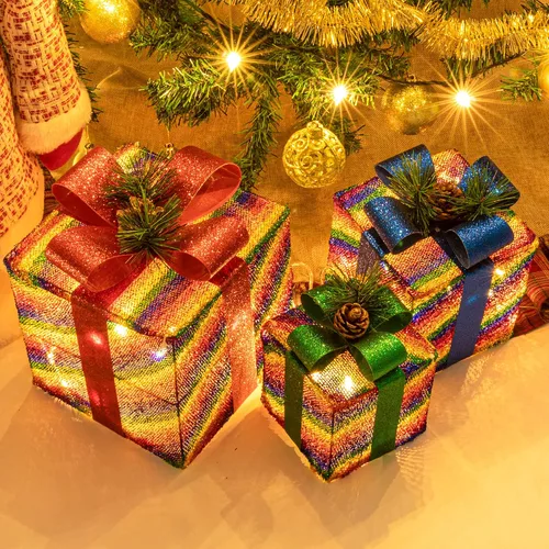 Miniatura 6 de Sunnyglade Juego de 3 cajas de regalo iluminadas de Navidad con enchufe, lazos, hojas de pino artificiales y conos de pino para Navidad, bodas