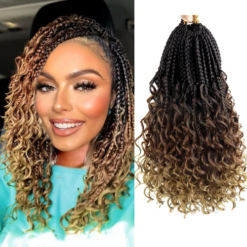 Miniatura 101 de Goddess Box Braids - Trenzas de cabello a ganchillo con extremos rizados, trenzas de caja bohemianas de 16 pulgadas, trenzas de ganchillo, 8 1B-4-30