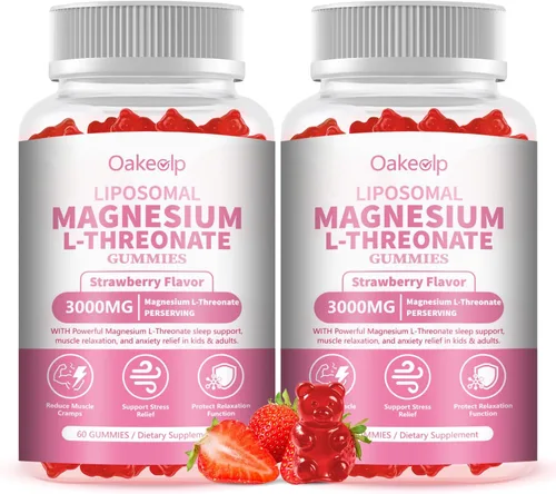 Paquete de 2 gomitas liposomales de treonato de magnesio de alta potencia de 3000 mg, mejora el 98% de absorción, suplementos de L-treonato de