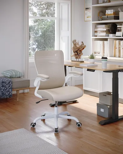 Miniatura 6 de MUXX.STIL Silla de oficina, silla de escritorio ergonómica de piel sintética con soporte lumbar ajustable y reposabrazos abatible, silla de Crema