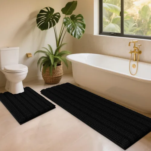 Miniatura 100 de ACCUMTEK - Juego de alfombras de baño a rayas beige de 3 piezas, ultrasuaves, antideslizantes de chenilla, alfombras de baño mullidas y absorbentes