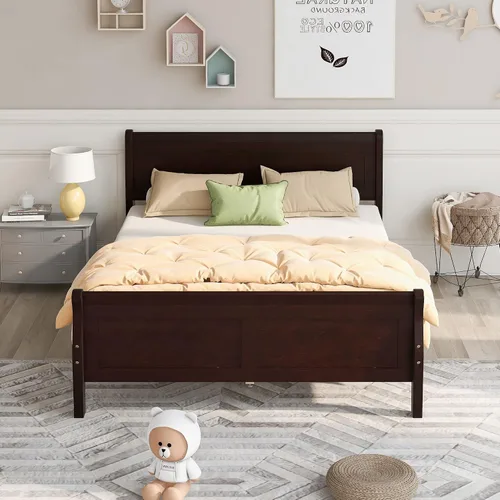 Miniatura 17 de Merax Base de cama de madera tamaño individual, base de colchón con cabecero, estribo, soporte de listones de madera, color espresso