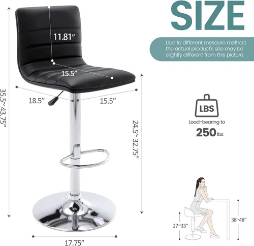 Miniatura 3 de Vogue Furniture Direct Taburetes de bar de piel sintética, modernos taburetes giratorios cuadrados ajustables con respaldo, sillas de barra